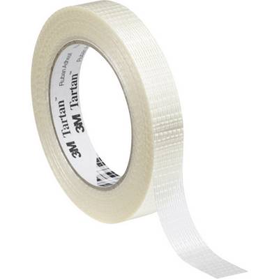 A transparent, reinforced adhesive tape, known as '3M Tartan'. It has a reinforcement structure and is used for packaging.