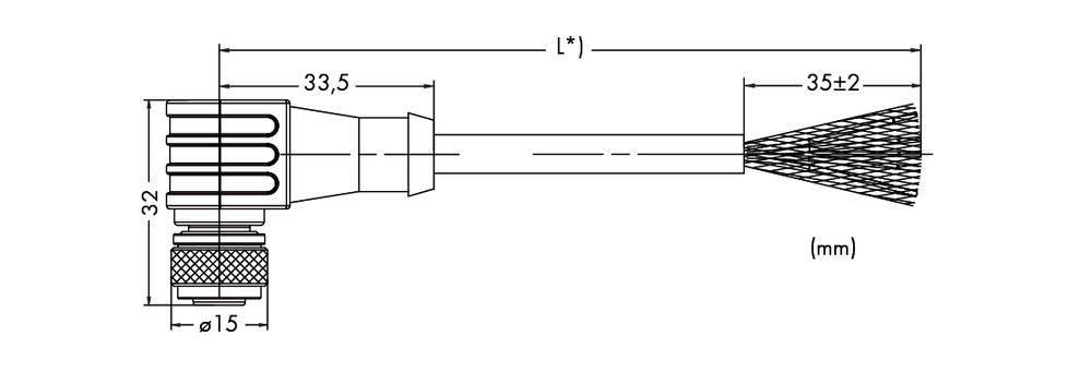 Technical drawing of a brush with dimensional specifications: Total length (L*) and width (ø15, ø32 mm). Front and side profile views.