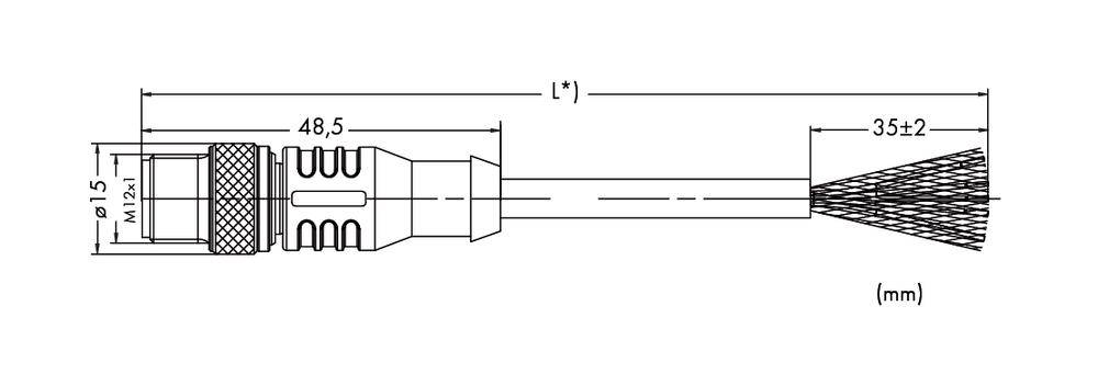 Technical drawing of a connector with dimensions. Length: 48.5 mm, Diameter: 15 mm, Wire brush length: 35±2 mm.