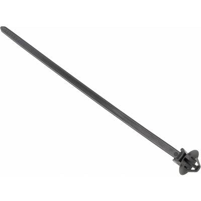 A black cable tie with a mounting anchor, ideal for securely fastening cables to various surfaces.