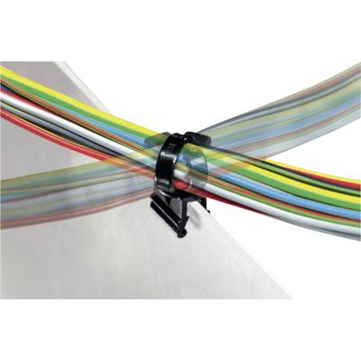 A cable tie secures colourful cables into a neat bundle. Cables include red, yellow, green, blue and grey.