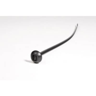 A black cable tie is lying on a white background, with the fastening end visible in the foreground.