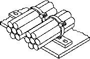 Drawing of dynamite sticks, bound together in two bundles with straps, resting on a rectangular base.