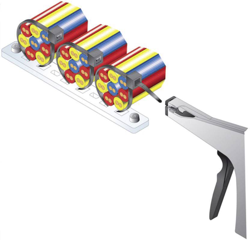 Three colourful cable bundles are secured with a clip on a white mounting bracket. Pliers are used to close the clip.