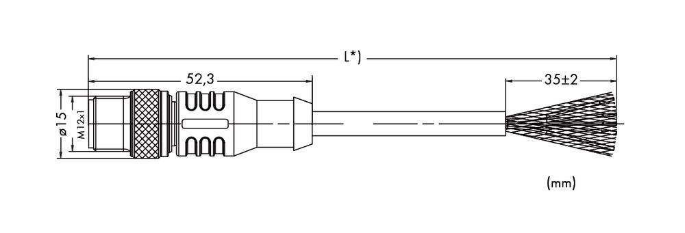 Technical drawing of a cable with dimensions. Length 52.3 mm, width 15 mm, bristle diameter 35 mm. Measurements in millimetres.