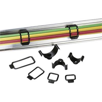 Cable clips mounted on a metal rail secure colourful cables. Various black mounting brackets are lying nearby.