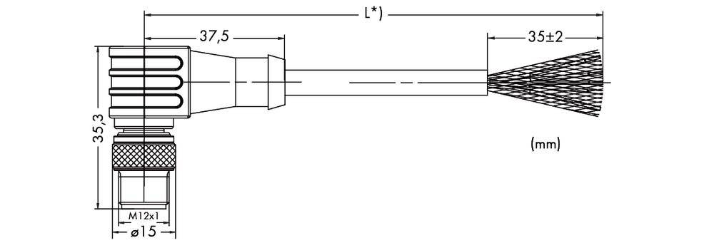 Technical drawing of an industrial cleaning brush with dimensions: Total length (L*), head width 37.5 mm, bristle length 35±2 mm.