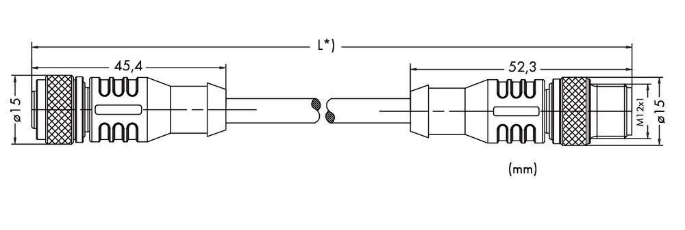 Technical drawing of a cable with connectors at both ends. Length and diameter are specified.