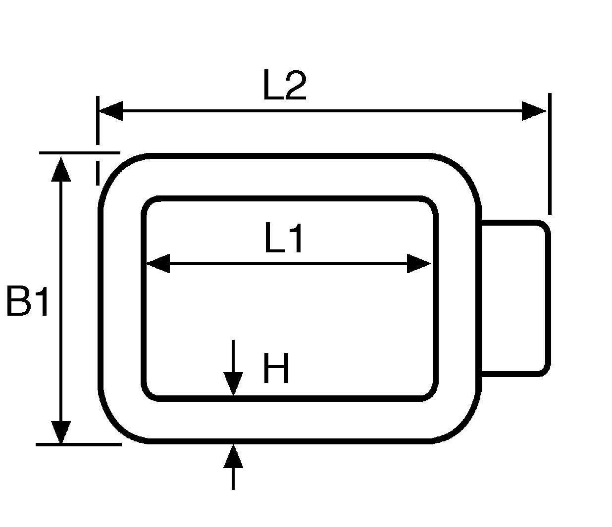 Rectangular drawing with dimensions. L1 and L2 denote the length, B1 the width, and H the height. Rectangle has an extension part.