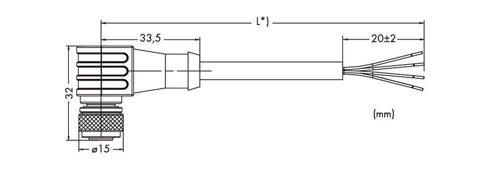 Technical drawing of a connector with dimensions: Length 33.5 mm, diameter 15 mm, cable 20±2 mm.