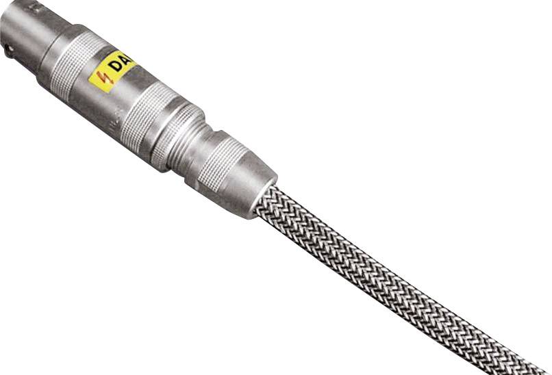 A silver cable plug with a braided cable and a yellow safety sticker is visible.