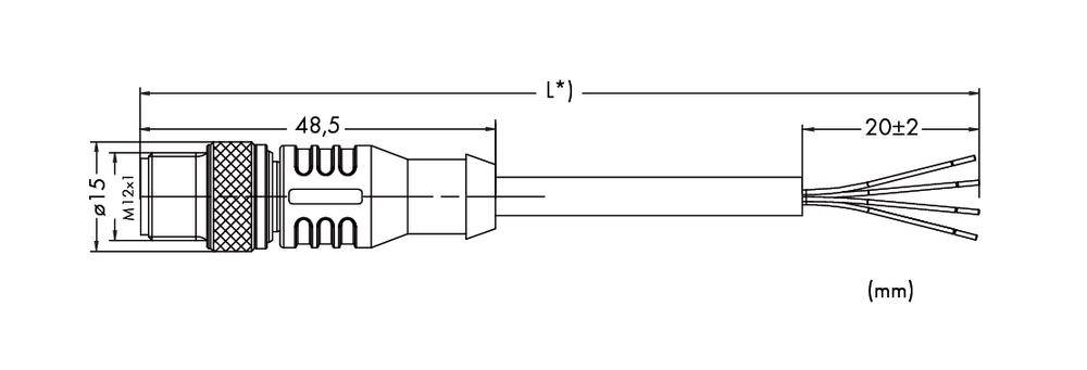 Technical drawing of a plug with cable. Includes dimensions: length 48.5 mm, diameter 15 mm, M12x1 thread. Cable ends stripped.