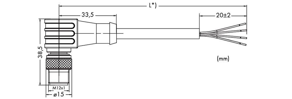 Technical drawing of an electrical connector with dimensions: length 33.5 mm, diameter 38.5 mm and M12x1 thread.