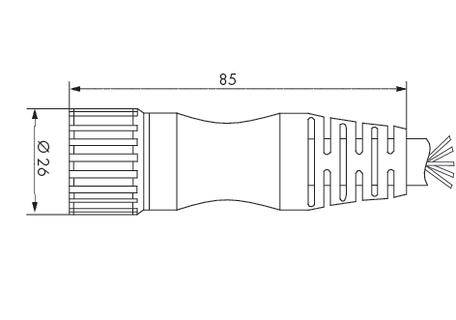 Technical drawing of a cylindrical object with ribs. Dimensions: 85 mm length, 26 mm diameter. Side view with dimensional annotations.