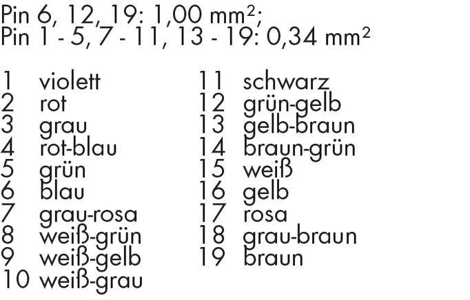 'Colour and Pin Number Assignment Table for 19 Pins with Different Cable Thicknesses: Pins 6, 12, 19 have 1.00 mm², others 0.34 mm².'