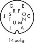 14-pin round plug with letters A to U positioned at various points around the circumference.