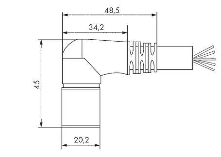 Technical drawing of a pipe connection with dimensions: Length 48.5 mm, Width 20.2 mm, Height 45 mm. Connects at an angle.