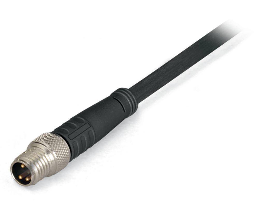 Black cable with metal plug and four pins, used for connecting electronic devices.