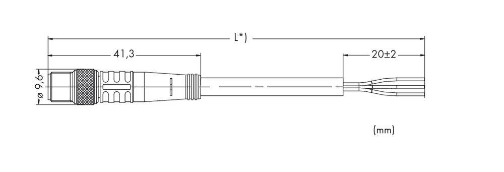 'Technical drawing of a plug with cable. Length: L ±1 mm, Diameter: 9.6 mm, Cable length: 41.3 mm and 20 ±2 mm.'