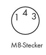 'Diagram of an M8 connector with three numbered contacts: 1, 4, 3.'