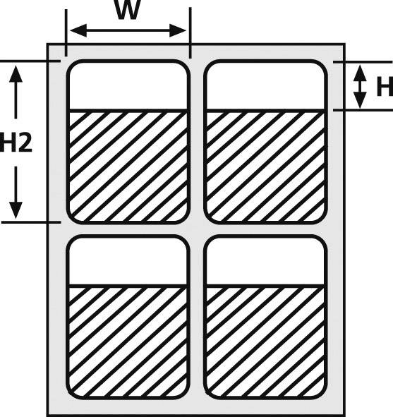 Technical drawing of a rectangular object with four equally sized, striped, horizontally divided fields; dimensions W, H, H2.