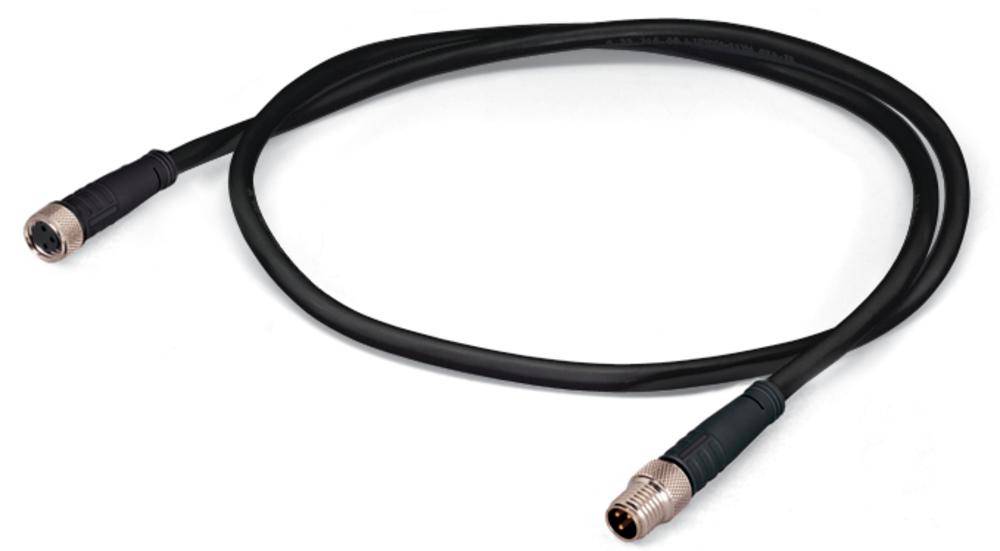 Black connecting cable with two plugs at its ends, on a white background.