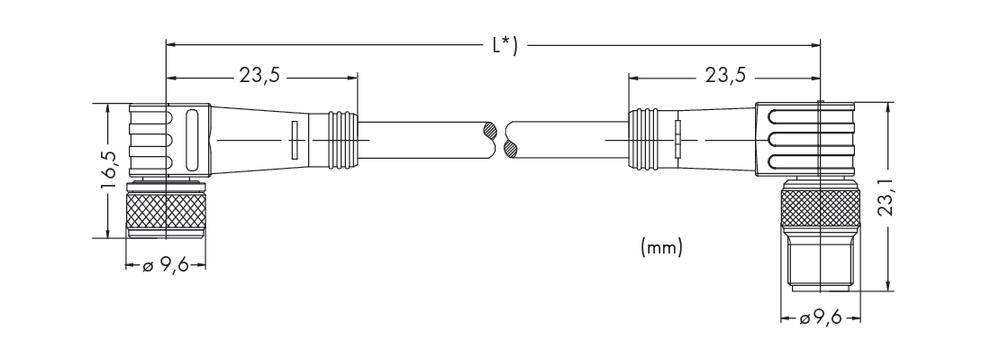 Technical drawing of a cable with plug. Dimensions: Total length 'L*', plug ends each 23.5 mm long, plug height 23.1 mm, plug width 9.6 mm.