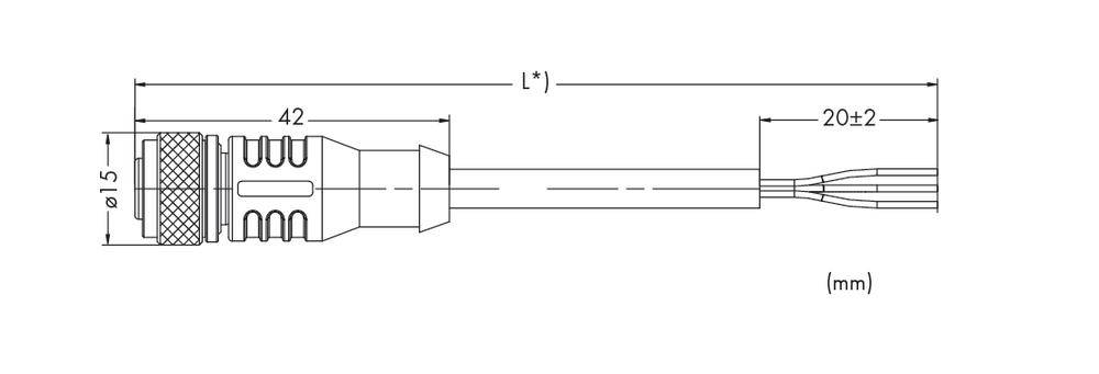 Technical drawing of a connector. Length 'L' marked, diameter at the end is 15 mm, overall length: 62±2 mm.