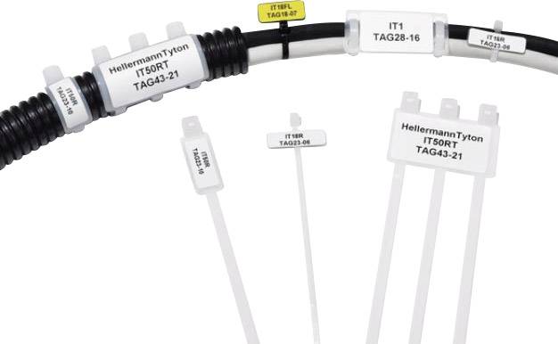 Cable ties with white labels displaying product information such as 'HellermannTyton IT50RT TAG43-21'.