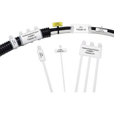 Cable ties with white labels displaying product information such as 'HellermannTyton IT50RT TAG43-21'.
