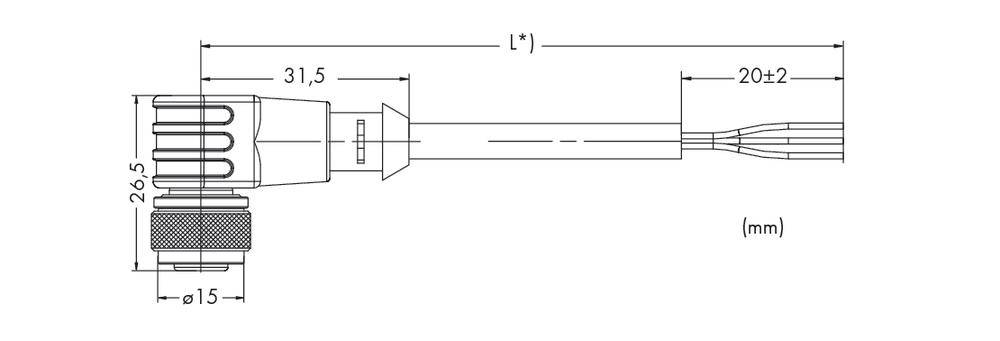 Technical drawing of a cylindrical connector with dimensions: diameter 15 mm, height 26.5 mm, length specifications 31.5 mm, 20±2 mm.