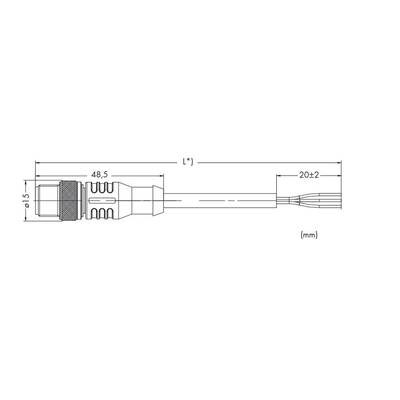 Diagram of a cylindrical electrical plug with dimensions: diameter 5 mm, length 48.5 mm, and cable length 20 ± 2 mm.