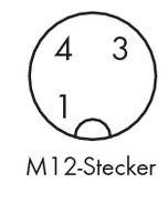 'Figure of an M12 connector with four numbered pins: 4, 3, 1. Label underneath the circle: M12 connector.'