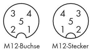 'M12 socket and M12 plug diagram with pins 1 to 5 numbered in a circular layout, used for electrical connections.'