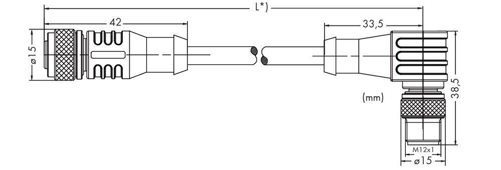 Technical drawing of an audio connector with dimensions: Length 42 mm and 33.5 mm, diameter 15 mm. Details of connector construction with M12 thread.