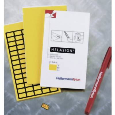 Two yellow notepads, a white notebook with the inscription 'Helasign', a HellermannTyton pen and a small yellow label.