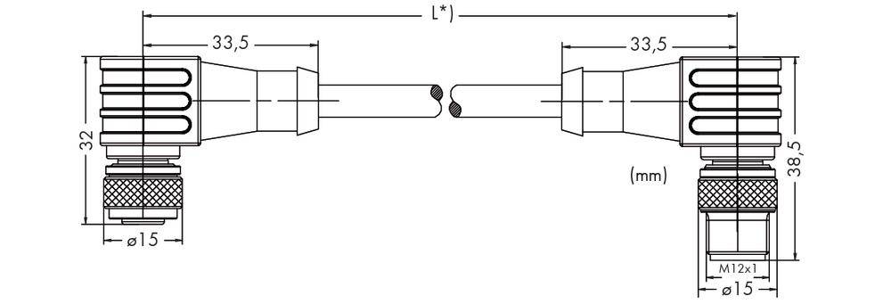 Technical drawing of a connector with dimensional specifications in millimetres. Displays lengths, diameters and thread size M12x1.