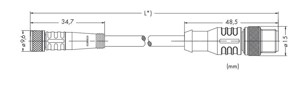 Technical drawing of a cable connector with dimensions: left part 34.7 mm long, right part 48.5 mm long, total length L in mm.