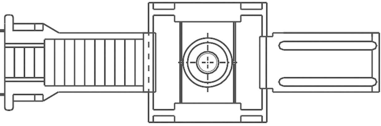 Technical drawing of a mechanical component with a central bearing and two side arms. Shows precise structure and connection points.