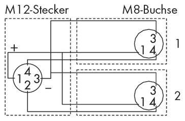 'Circuit diagram of the M12 plug and M8 socket with numbered connections 1 to 4. Connections between pins and wiring shown.'