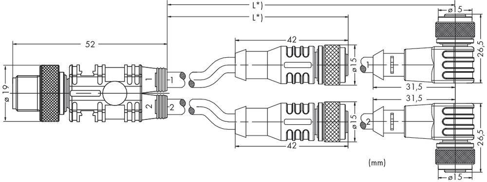 Technical drawing of an electrical connector with detailed dimensions in millimetres. Shows top and side views with length and diameter specifications.