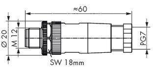 Technical drawing of a connector with the following dimensions: total length 60 mm, diameter 20 mm, spanner size 18 mm, PG7 thread.