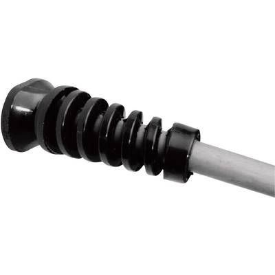 A black rubber bung with multiple parallel ridges at a grey pipe end, presumably a sealing element.