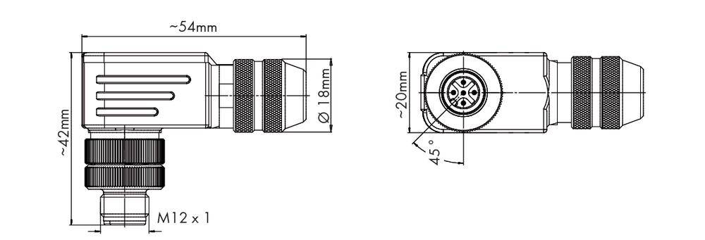 'Technical drawing of a right-angled connector with specific dimensions: length 54 mm, height 42 mm, diameter 18 mm.'