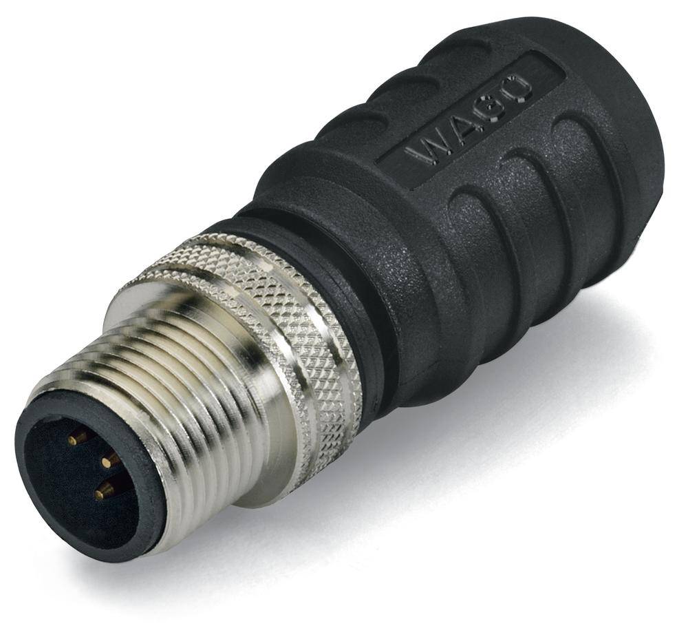 M12 connector with black plastic housing and metal thread, suitable for industrial applications and machine connections.