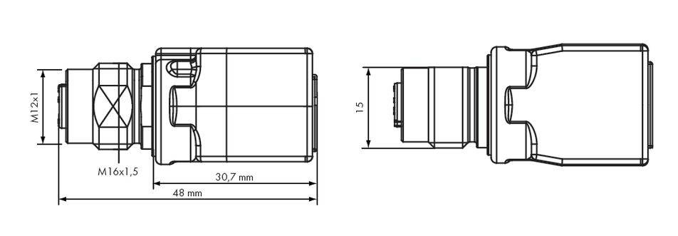Technical drawing of a cylindrical component with length specifications: Total width 48 mm, height 15 mm, with threads M12x1 and M16x1.5.