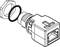Illustration of an RJ45 plug housing with nut and seal, shown before assembly.