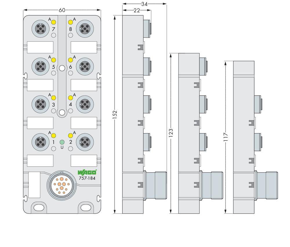 'Block' with four circular plug connectors on top, LED indicators, technical dimensions, and a side connection at the bottom. Printed brand logo.