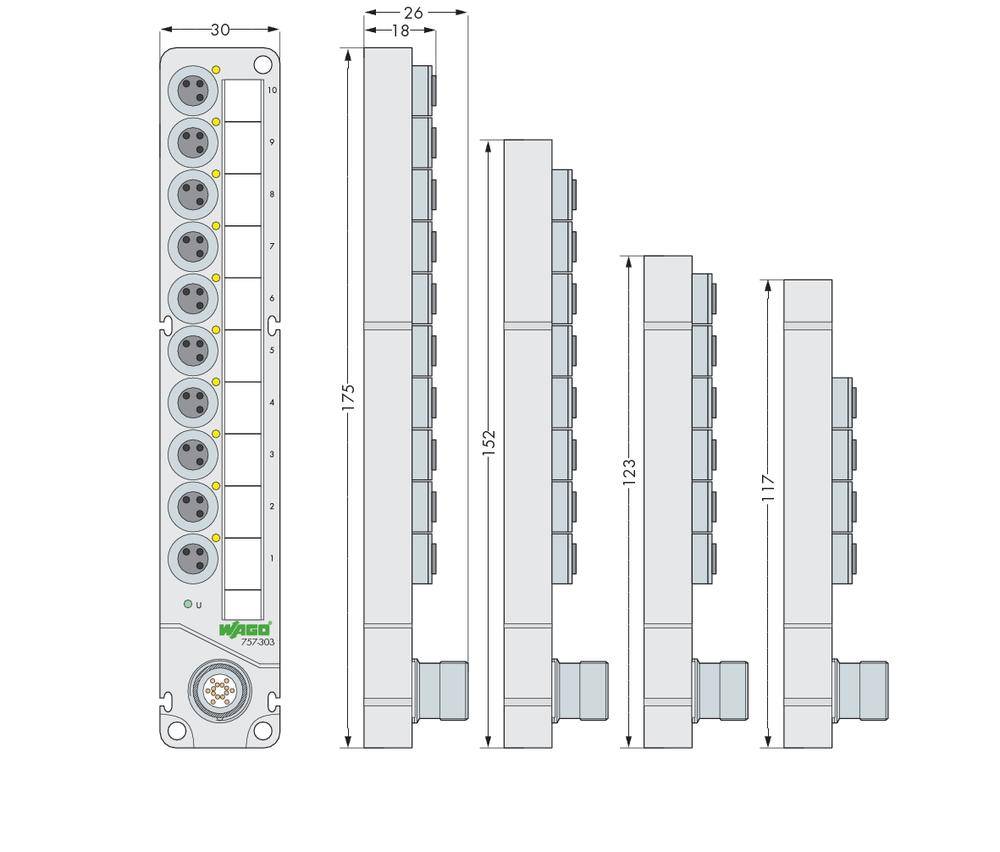 'Illustration of four plug units in various sizes. Left: Detailed view with dimensions, right: three additional sizes.'