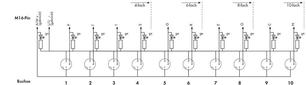 Circuit diagram with ten sockets, numbered from 1 to 10, shows connection possibilities. Marked as triple, quadruple, six times and ten times.